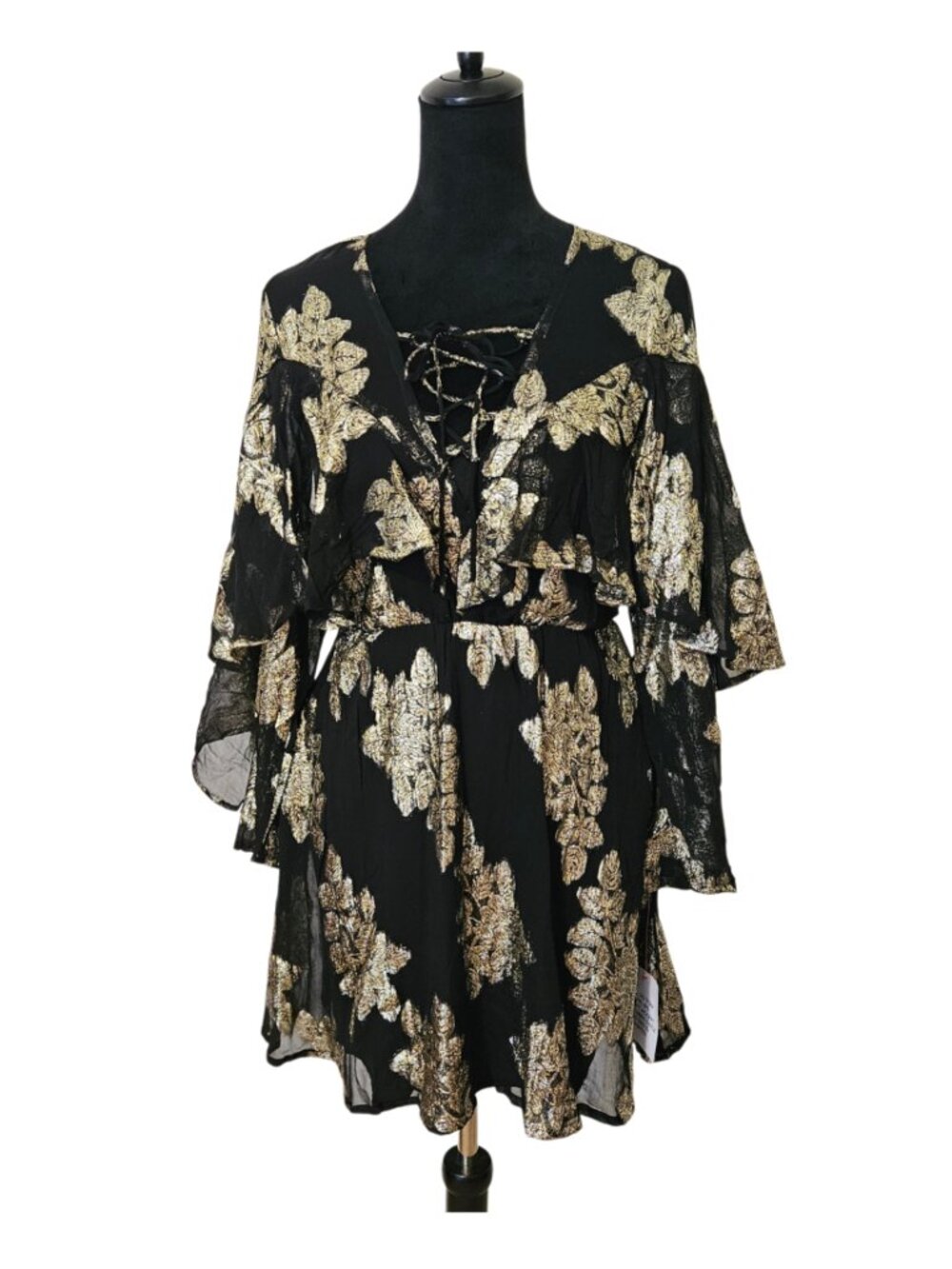 Gorgeous Black and Gold Floral Lace-Up Mini Dress-US Size 2